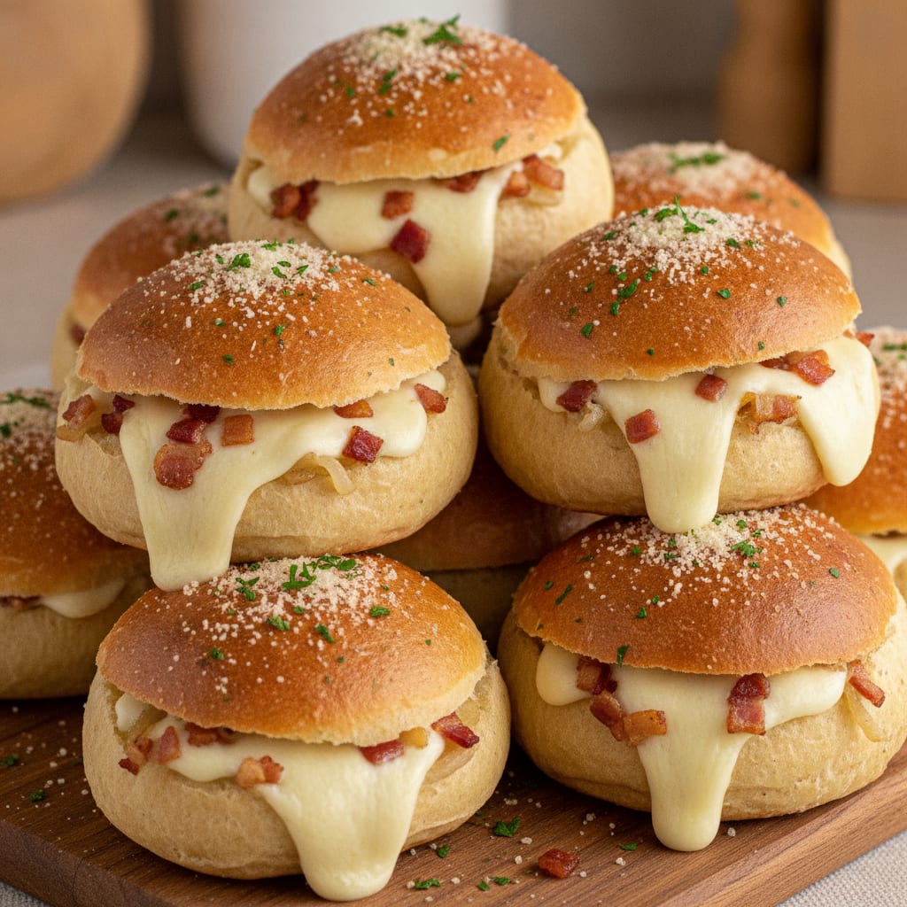 Pães arredondados e dourados cobertos com salsa e parmesão, recheados com queijo derretido e cubos de bacon.
