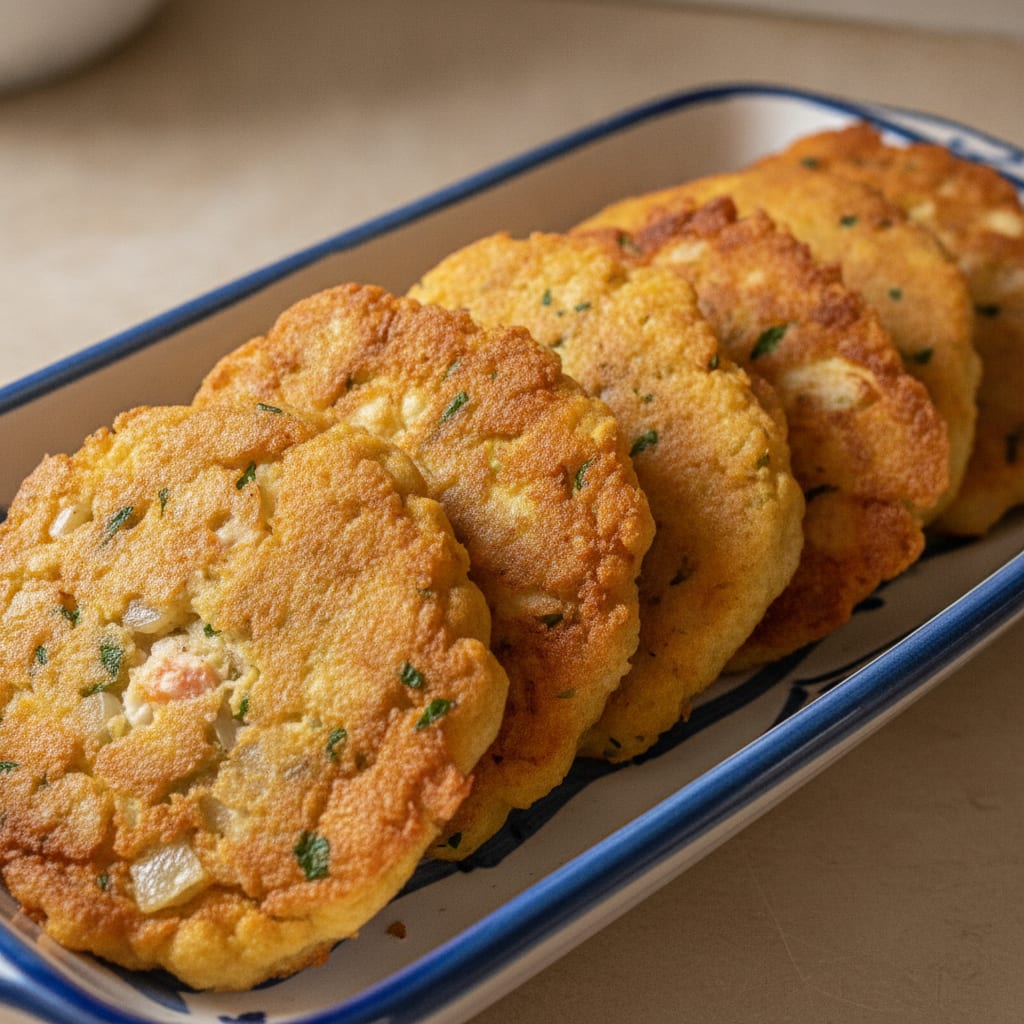 Pataniscas de bacalhau frito de cor dourada com pontinhos de salsa verde visíveis na massa rústica, dispostas em uma travessa branca.
