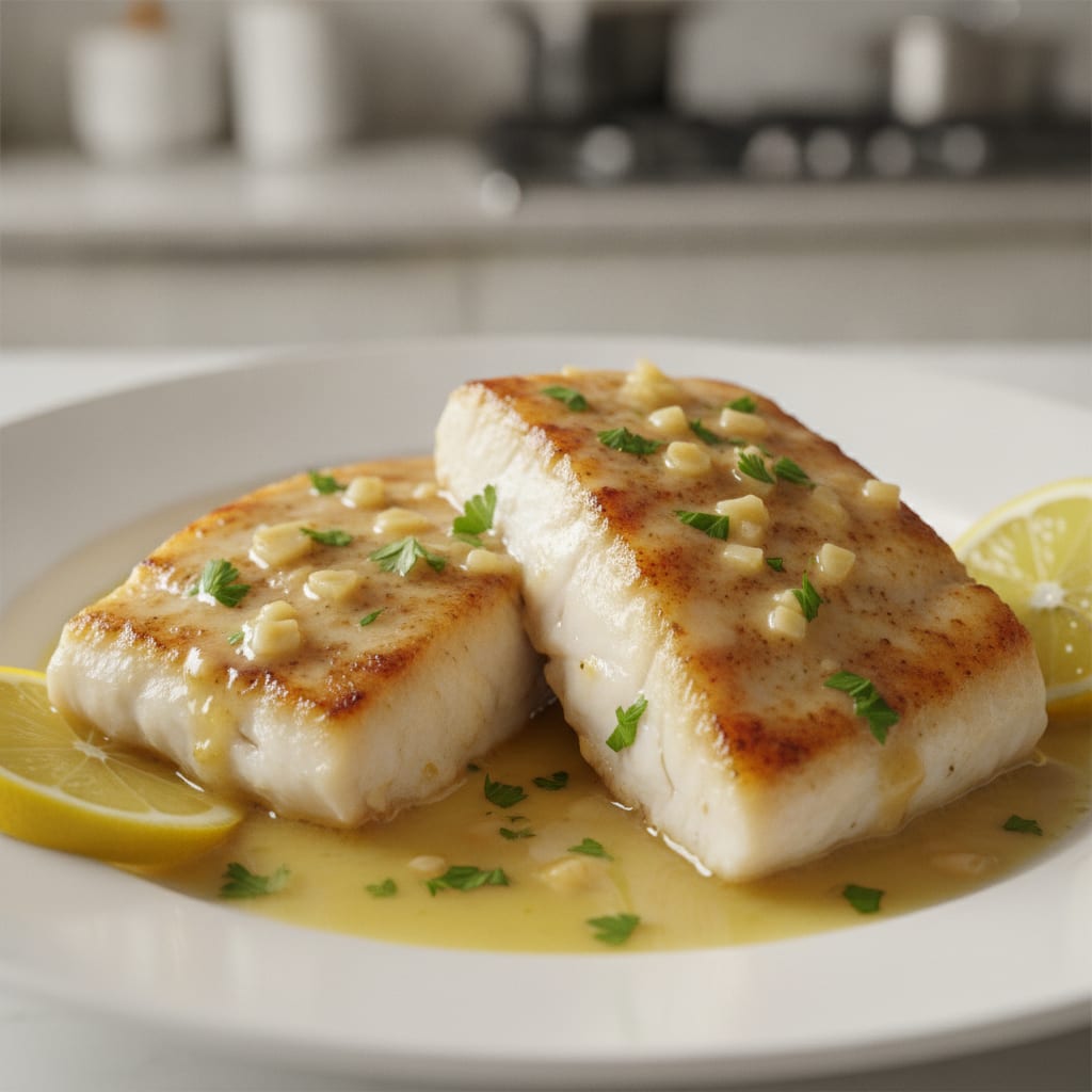 Lombos de peixe branco grelhados com crosta dourada e cobertos por molho brilhante de manteiga e salsa picada, acompanhados por rodelas de limão em prato branco.