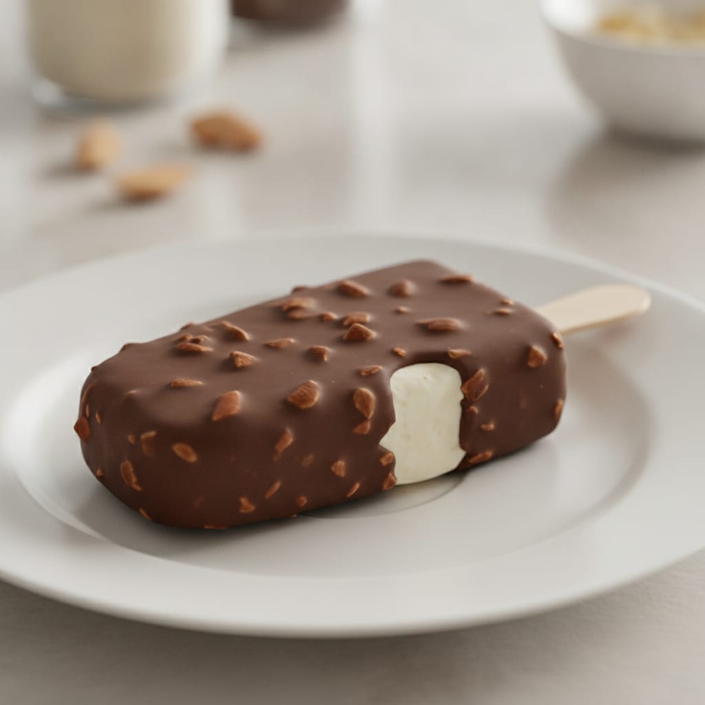 Picolé no palito revestido por uma casquinha firme de chocolate escuro com pedaços de amêndoas incrustados na superfície.