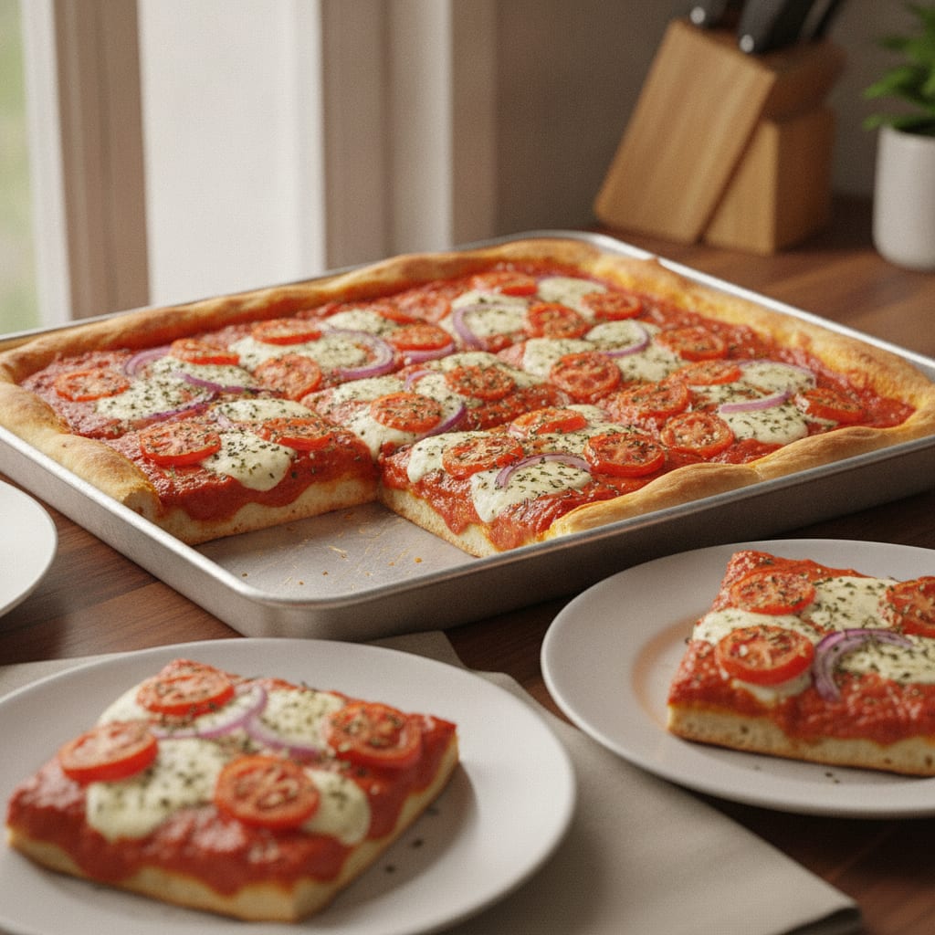 Pedaço de pizza retangular de assadeira com molho de tomate, rodelas de tomate, cebola, queijo ralado e orégano sobre massa com bordas douradas.