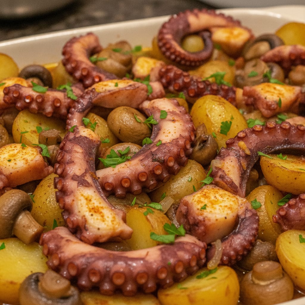 Pedaços de polvo arroxeado, batatas com bordas coradas e cogumelos refogados regados com azeite de páprica e polvilhados com salsa fresca.