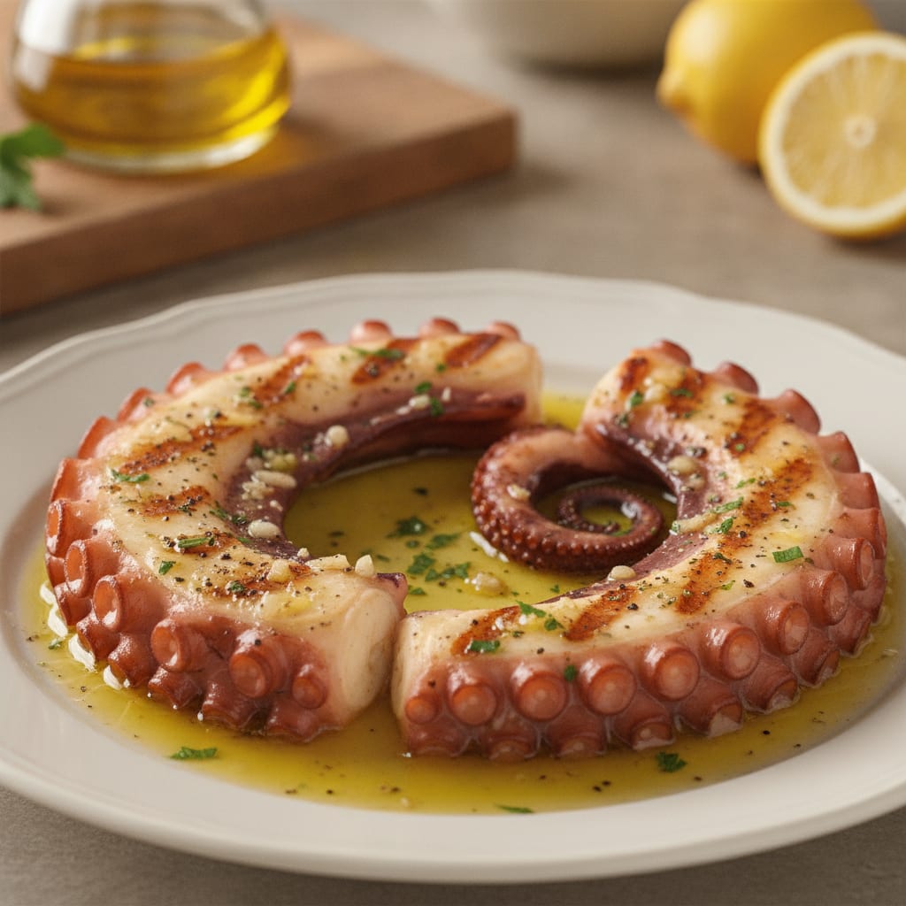 Pedaços de polvo grelhado com marcas de selagem, regados com molho de azeite e salpicados com salsinha em um prato branco.