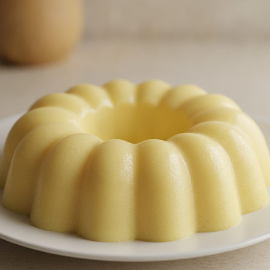 Pudim anelar de maracujá na cor amarelo-claro, com superfície lisa e firme, desenformado em um prato raso.