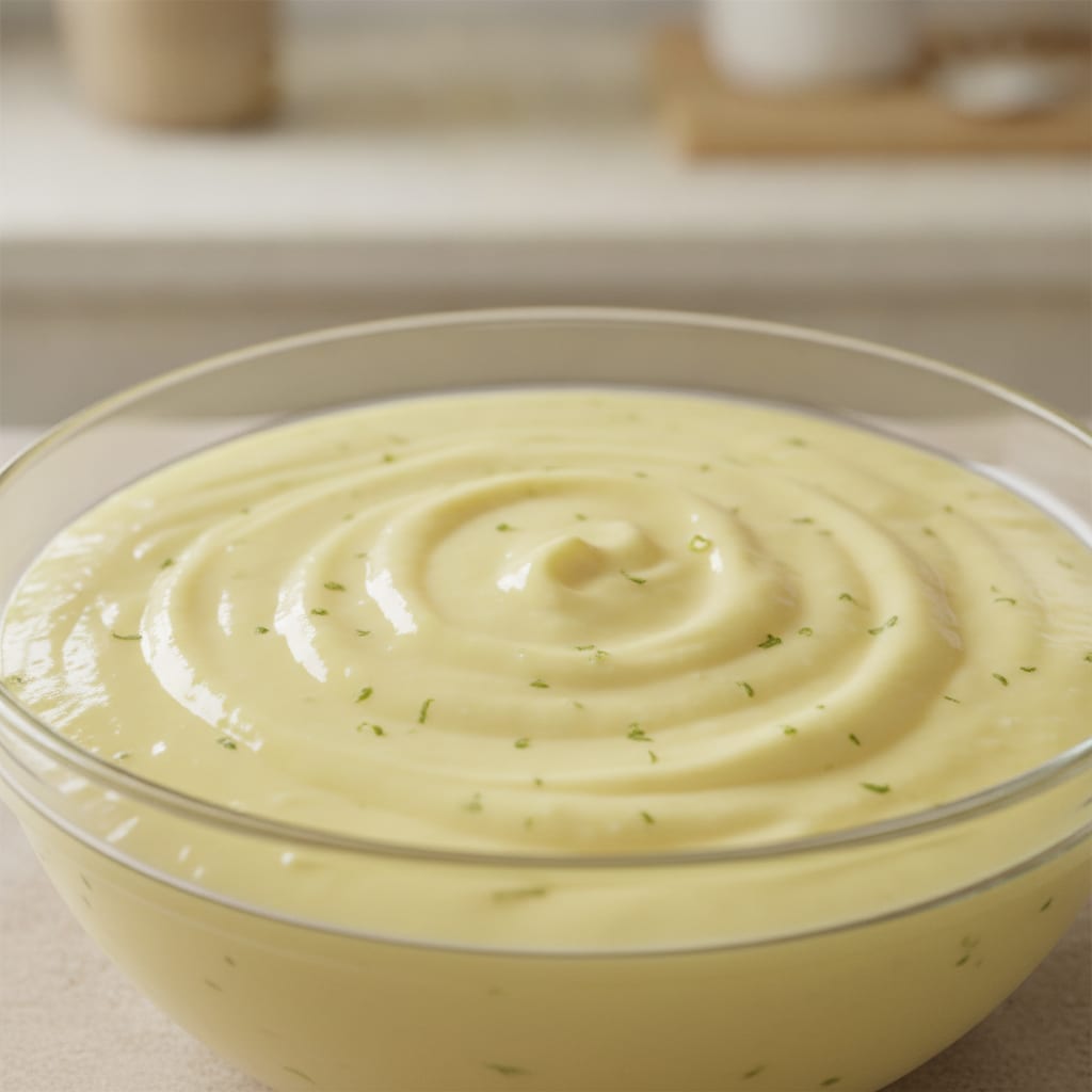 Creme denso e brilhante de limão em tom amarelo-claro com pequenas raspas verdes distribuídas, contido em uma tigela de vidro.