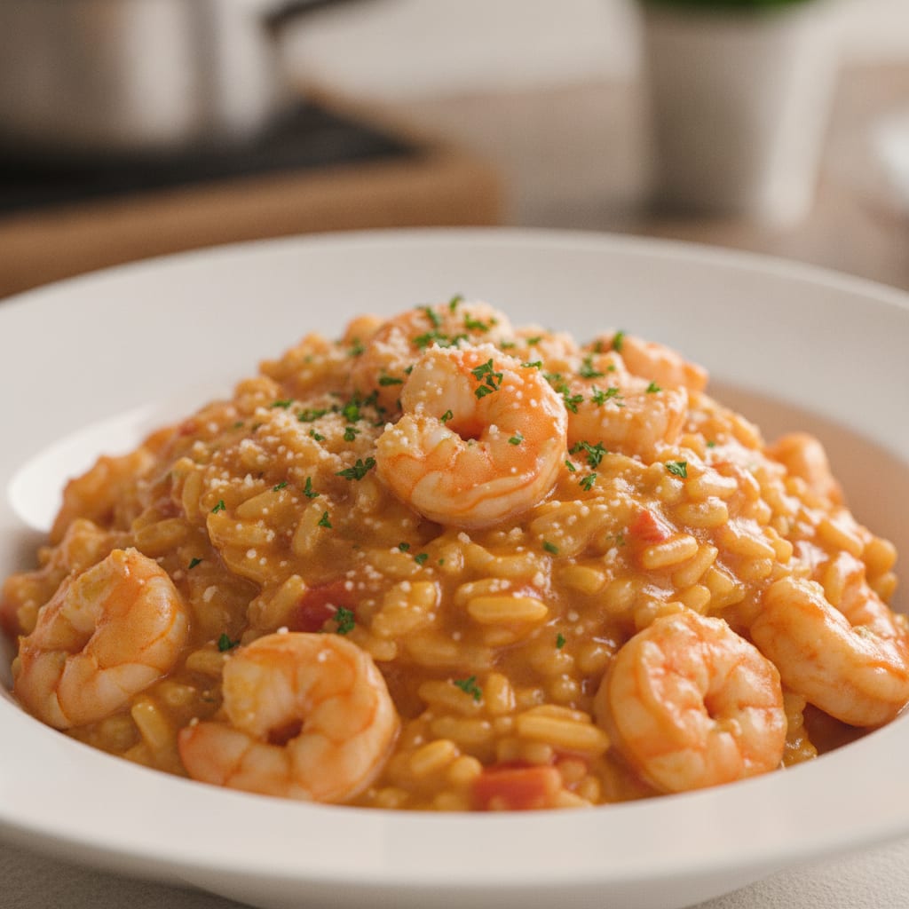 Risoto cremoso de cor alaranjada com camarões rosados inteiros e salsinha fresca polvilhada, servido em um prato fundo branco.