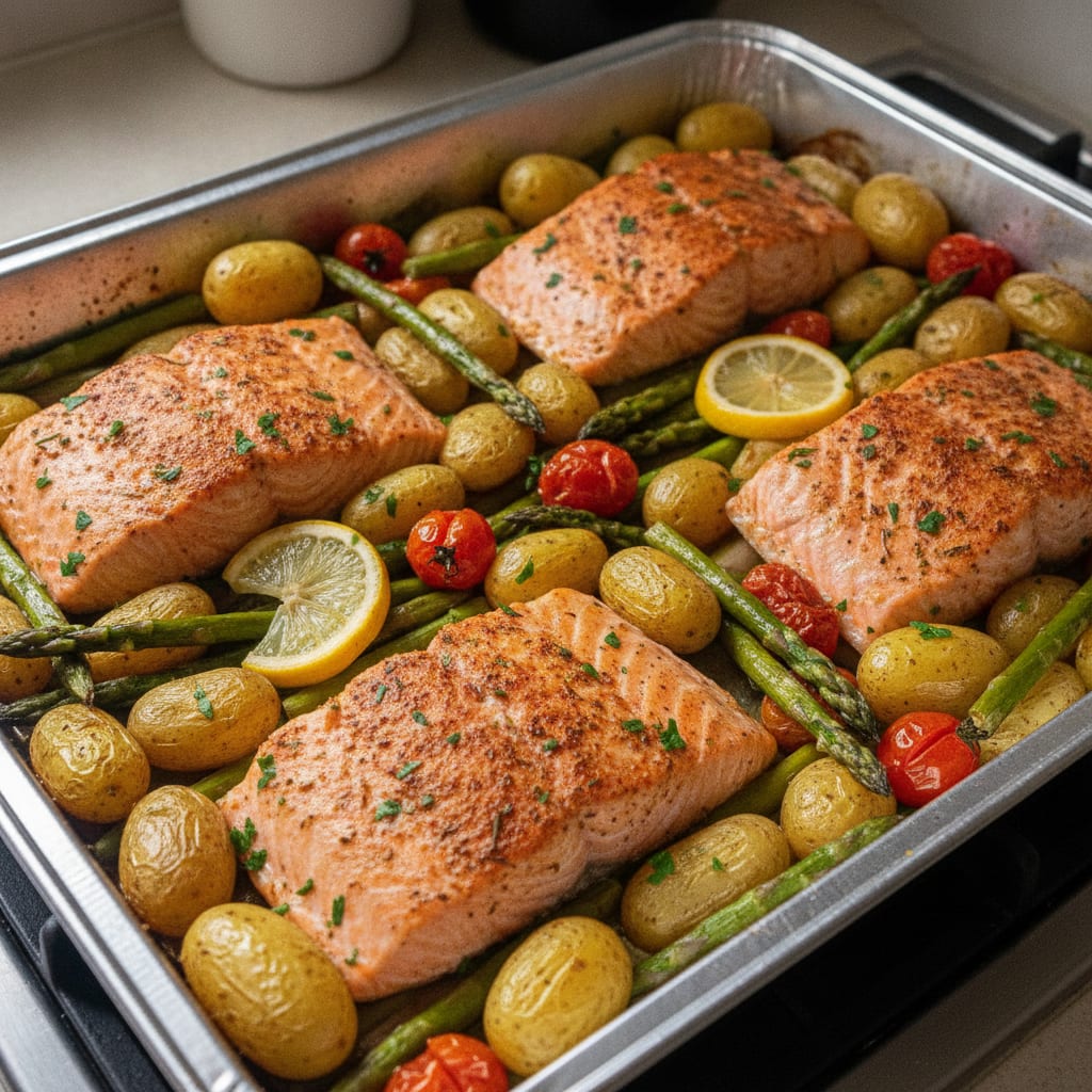 Lombos de salmão assados temperados com ervas e páprica, acompanhados por batatinhas douradas, aspargos, tomates-cereja, rodelas de limão e salsa picada em uma assadeira.