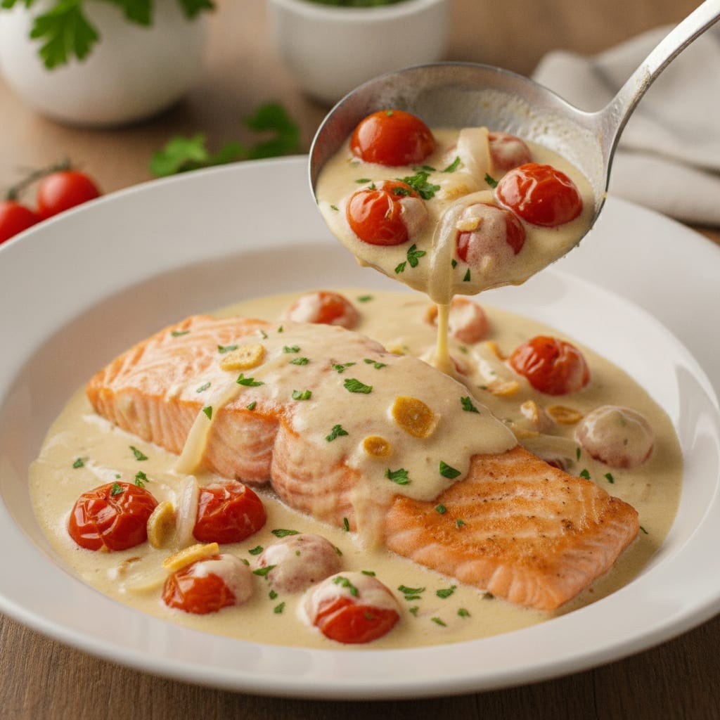Filé de salmão grelhado e dourado coberto por molho cremoso com tomates-cereja inteiros e salsinha picada.