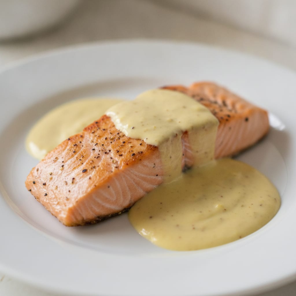 Filé de salmão grelhado de superfície dourada coberto por molho cremoso de mostarda amarelo-claro em prato raso branco.