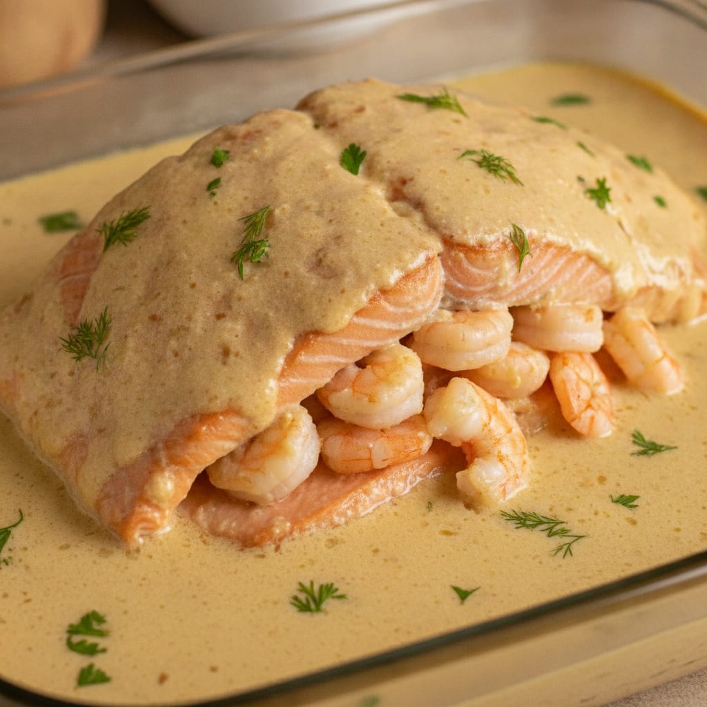 Salmão assado recheado com camarões rosados, coberto por molho cremoso levemente dourado e salpicado com salsinha e dill fresco em uma travessa.