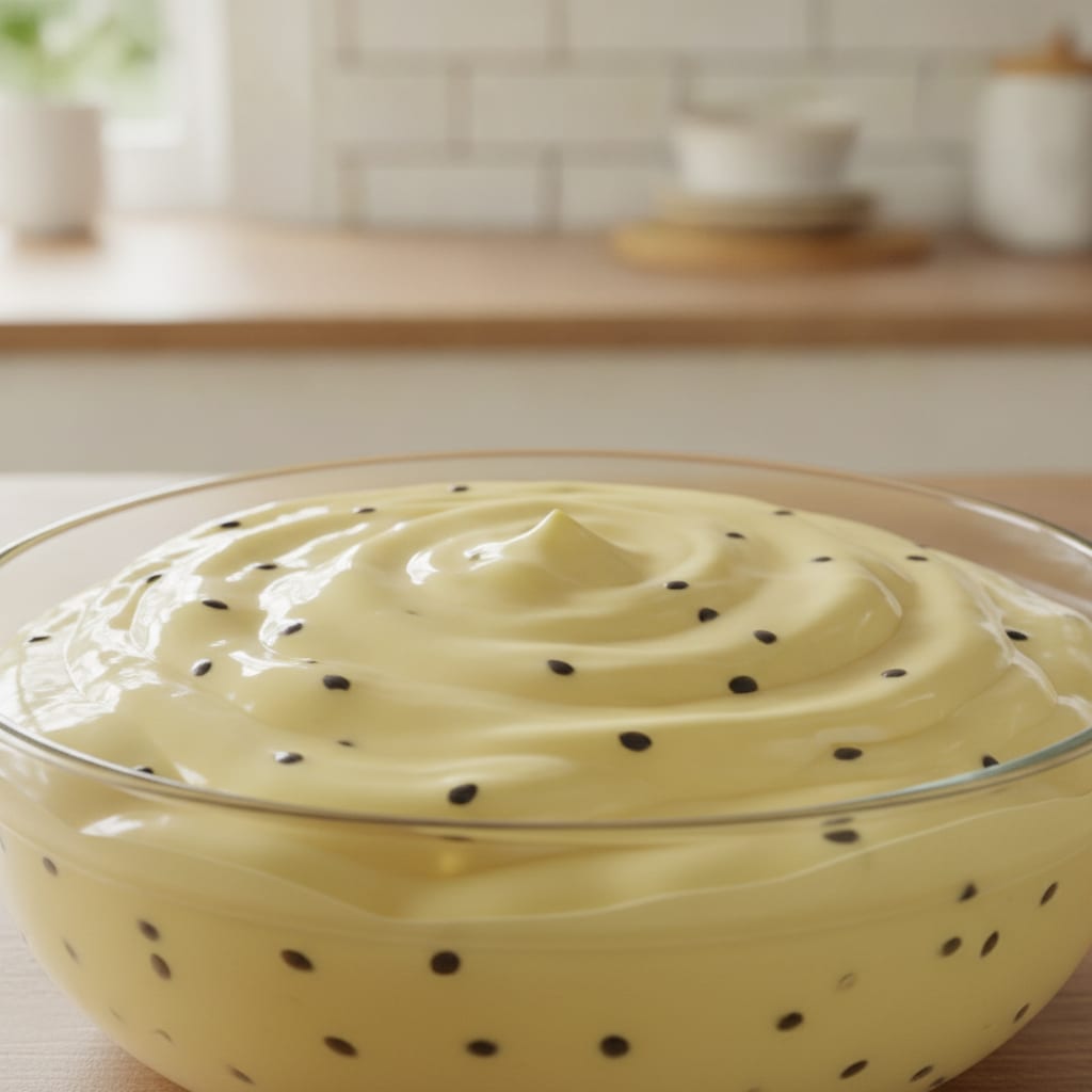 Creme de maracujá amarelo-claro e encorpado, com brilho suave e sementes escuras visíveis, servido em uma tigela de vidro.