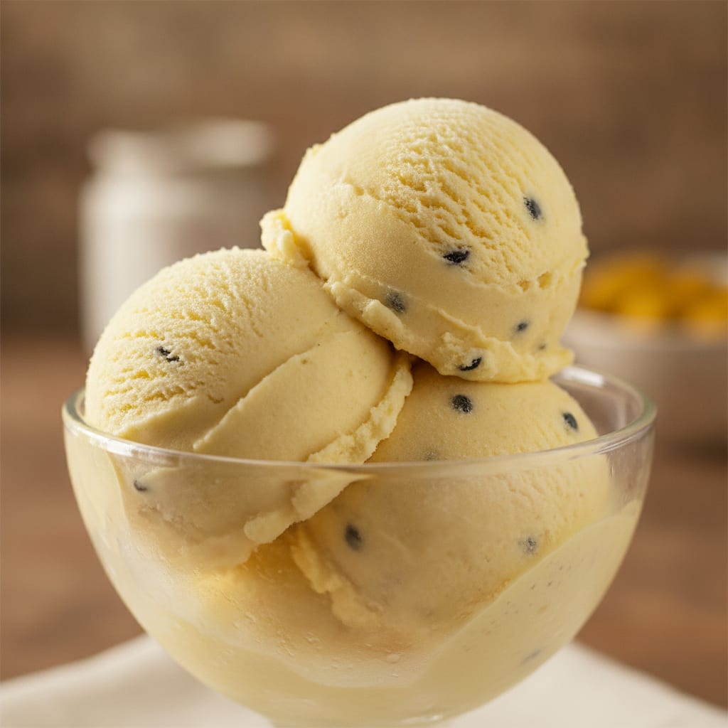 Duas bolas de sorvete cremoso de maracujá na cor amarelo-claro com sementes pretas salpicadas em uma taça de vidro.