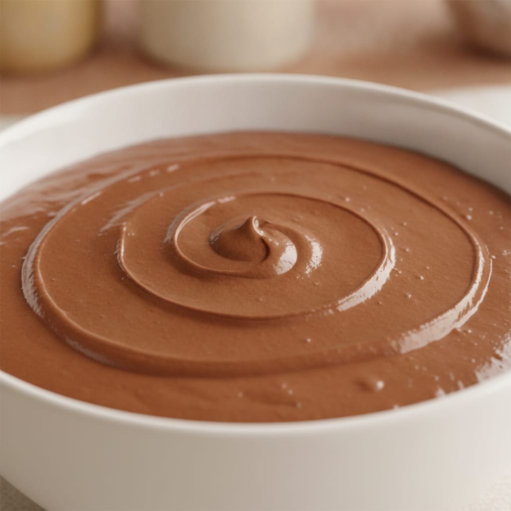 Recheio marrom homogĂȘneo e brilhante de Nutella e cream cheese com textura cremosa servido em uma tigela.